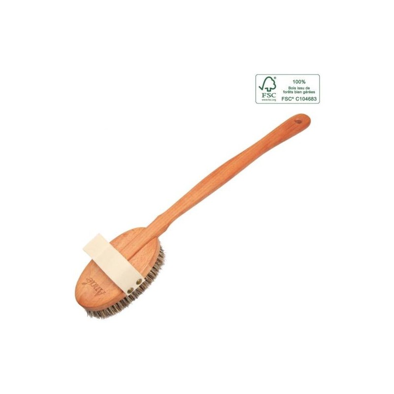 Brosse de massage corps avec manche Crin de cheval et fibres agave