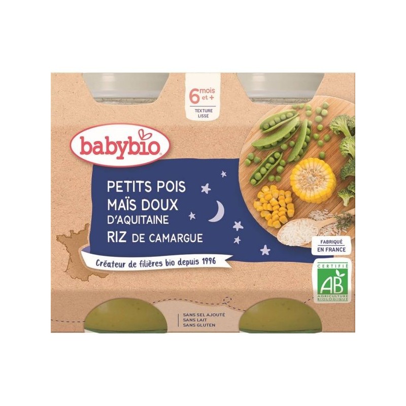 Bonne Nuit Petits pois Maïs doux Riz Lot de 2 pots de 200 g