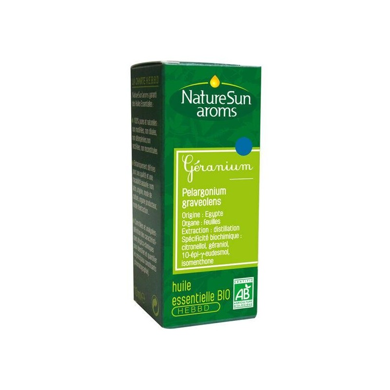 Flacon d'huile essentielle de géranium bio de NatureSun'Arôms pour apaiser efficacement la peau.