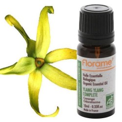 Huile essentielle bio Ylang Ylang complète Florame 370 ml pour apaiser le stress et sublimer peau et cheveux.