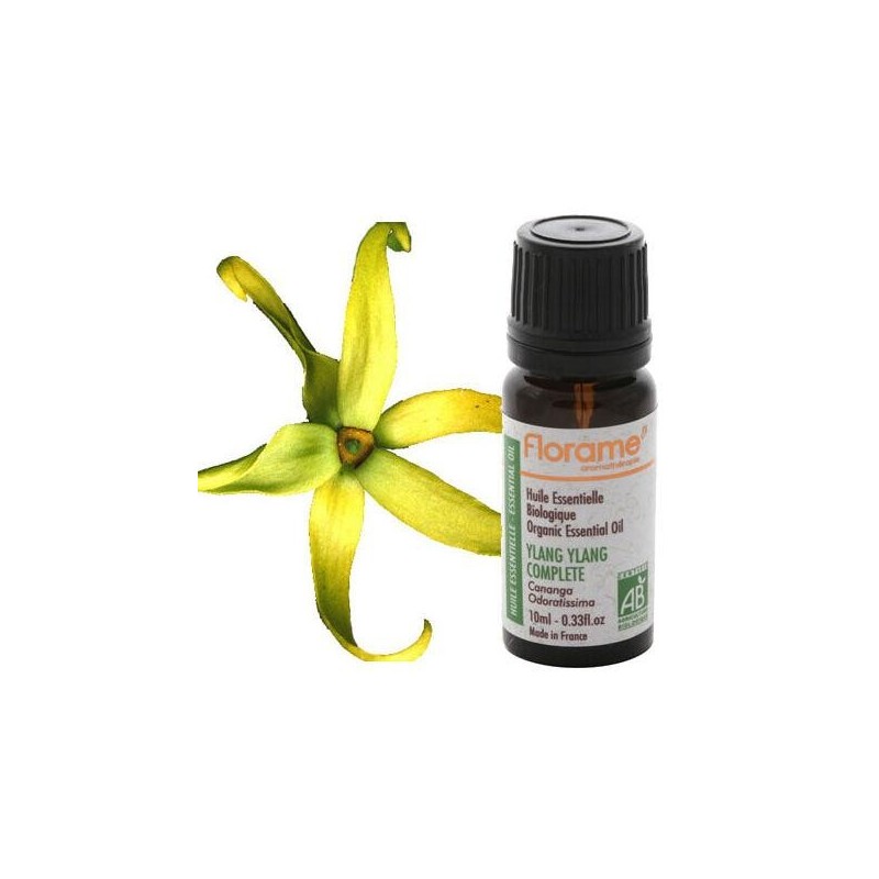 Huile essentielle bio Ylang Ylang complète Florame 370 ml pour apaiser le stress et sublimer peau et cheveux.