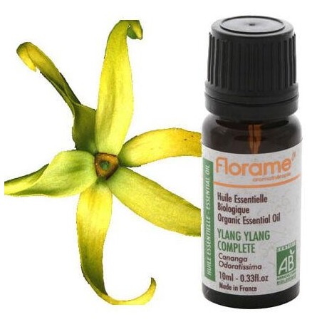 Huile essentielle bio Ylang Ylang complète Florame 370 ml pour apaiser le stress et sublimer peau et cheveux.