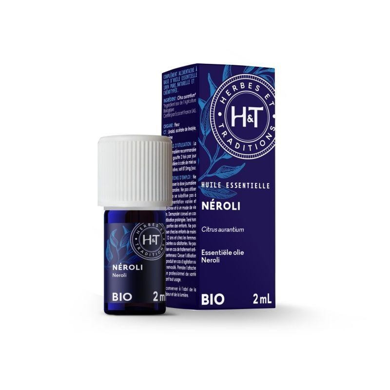 Flacon d'huile essentielle de Néroli bio de Herbes and Traditions pour relaxation et bien-être.