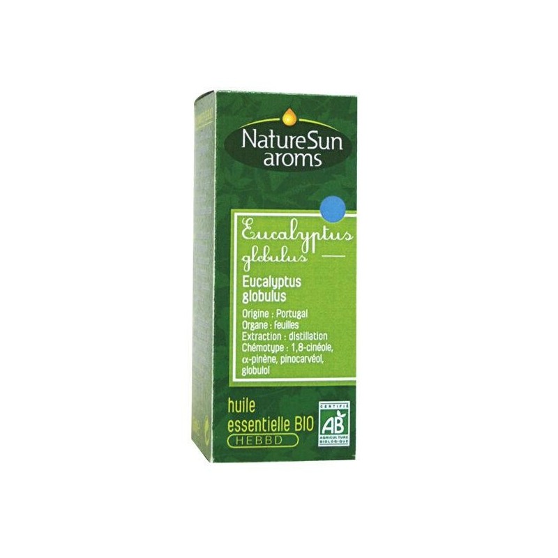 Huile essentielle d'Eucalyptus globulus bio de NatureSun'Arôms pour la santé respiratoire.