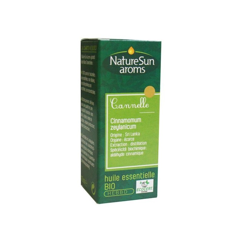 Image montrant une petite bouteille de 10 ml de l'huile essentielle de Cannelle Bio de la marque Naturesun’Aroms.