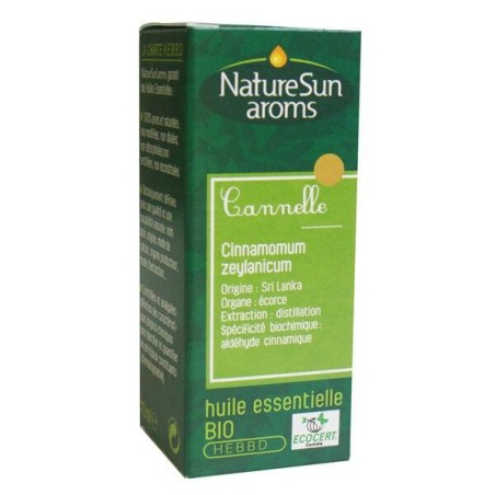 Image montrant une petite bouteille de 10 ml de l'huile essentielle de Cannelle Bio de la marque Naturesun’Aroms.