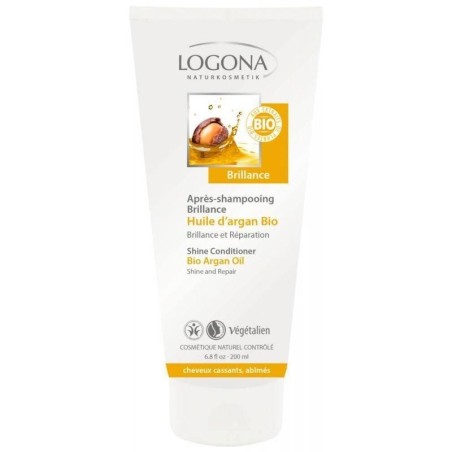 Après-shampoing restructurant à l'argan bio Logona pour cheveux abîmés et cassants.