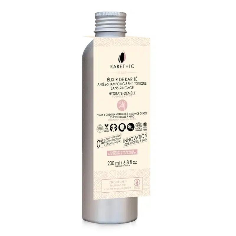 Après-Shampoing Tonique Sans Rinçage bio Karethic au karité pour cheveux doux et peau purifiée.