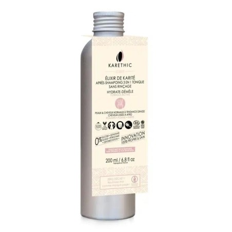 Après-Shampoing Tonique Sans Rinçage bio Karethic au karité pour cheveux doux et peau purifiée.