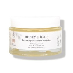 Baume réparateur zones sèches bio Minima[liste] pour nourrir et apaiser les peaux sèches et sensibles.