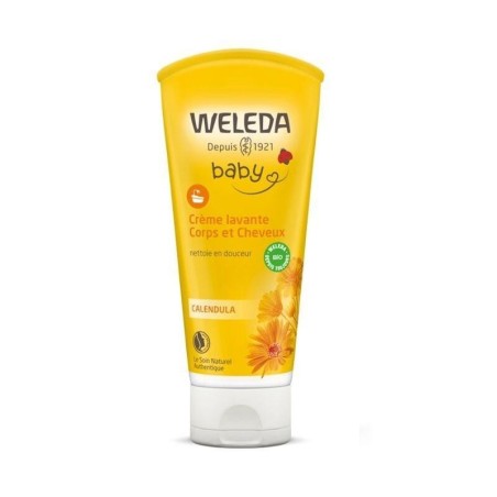 Crème Lavante Bébé Corps et Cheveux bio Weleda pour nettoyer en douceur la peau et les cheveux délicats des bébés.
