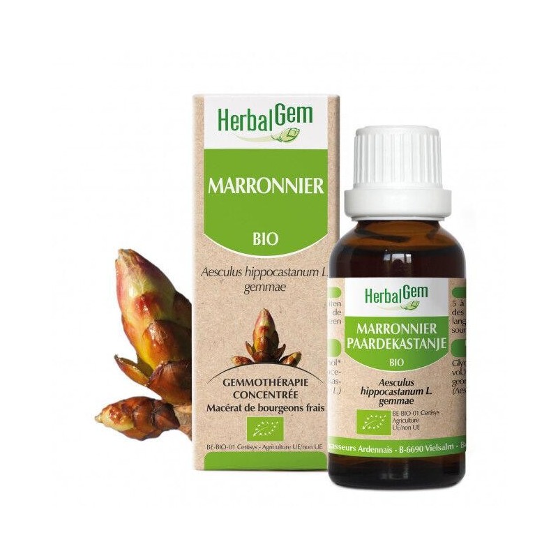 Flacon de Marronnier bio Herbalgem 10 ml pour améliorer la circulation et soulager les jambes lourdes.
