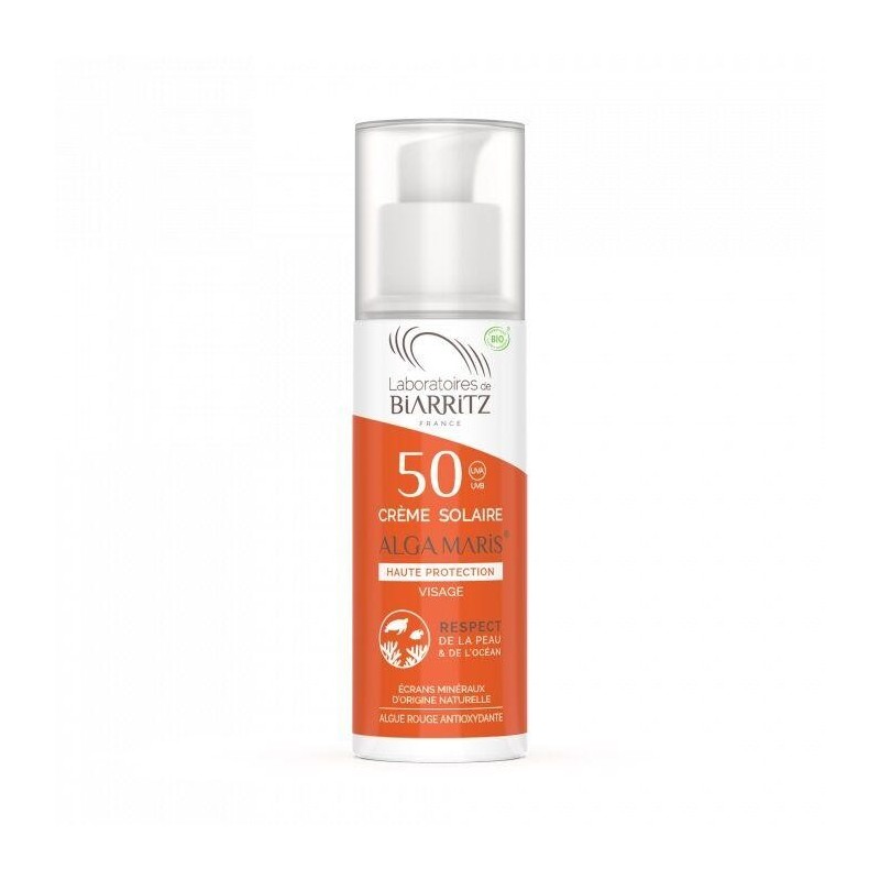 Crème solaire visage SPF 50 bio des Laboratoires de Biarritz pour une protection optimale des peaux sensibles.
