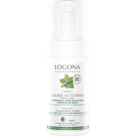 Mousse nettoyante micellaire Menthe and Acide Salicylique bio Logona pour peaux jeunes et à problèmes