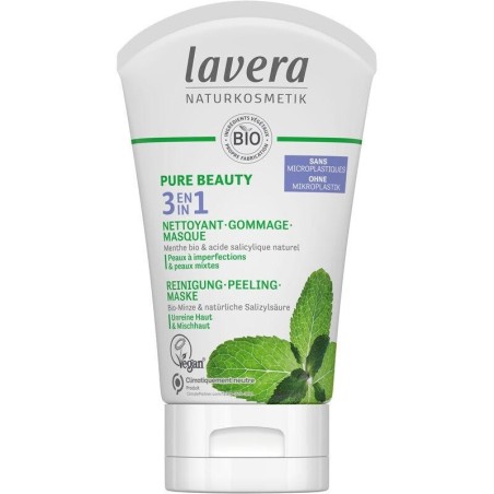 3 en 1 Nettoyant gommage masque bio Pure Beauty de Lavera pour nettoyer et matifier les peaux à imperfections.