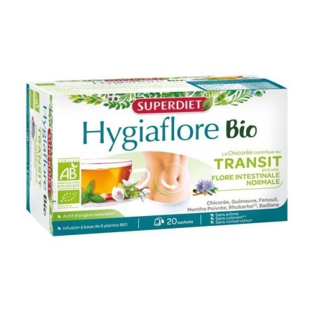 Infusion Hygiaflore Transit bio de Super Diet pour favoriser le transit intestinal et le confort digestif.