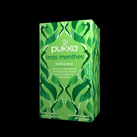 Infusion ayurvédique bio Trois Menthes de Pukka pour une boisson rafraîchissante et naturelle.