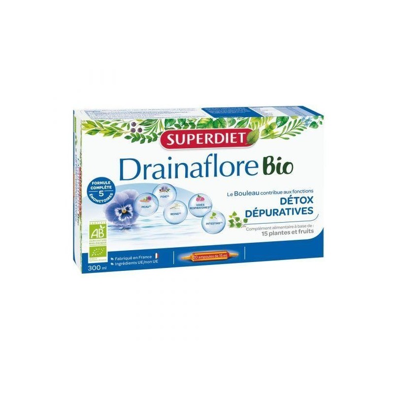 Drainaflore Bio 20 ampoules - Complément pour drainer et purifier l'organisme avec des plantes bio.