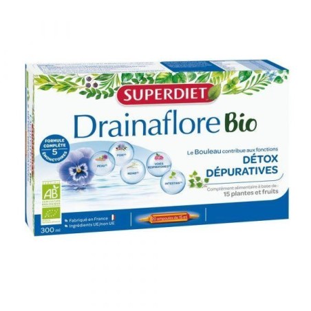 Drainaflore Bio 20 ampoules - Complément pour drainer et purifier l'organisme avec des plantes bio.