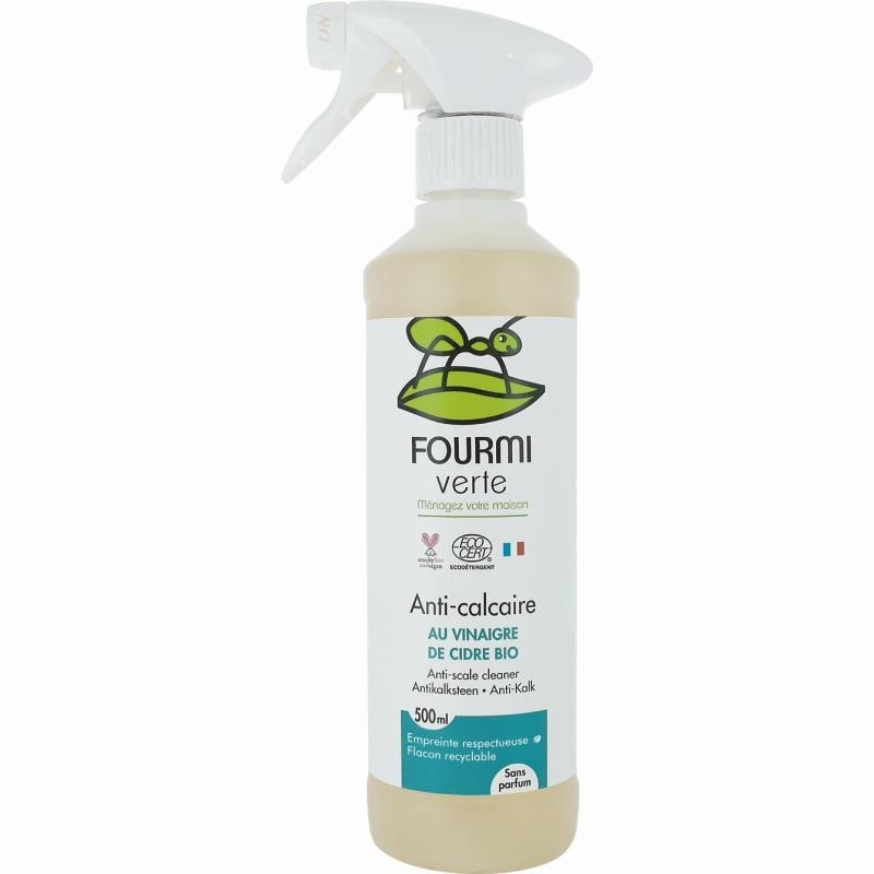 Spray Anti-Calcaire au Vinaigre de Cidre Fourmi Verte pour un nettoyage naturel et efficace des surfaces de salle de bain.