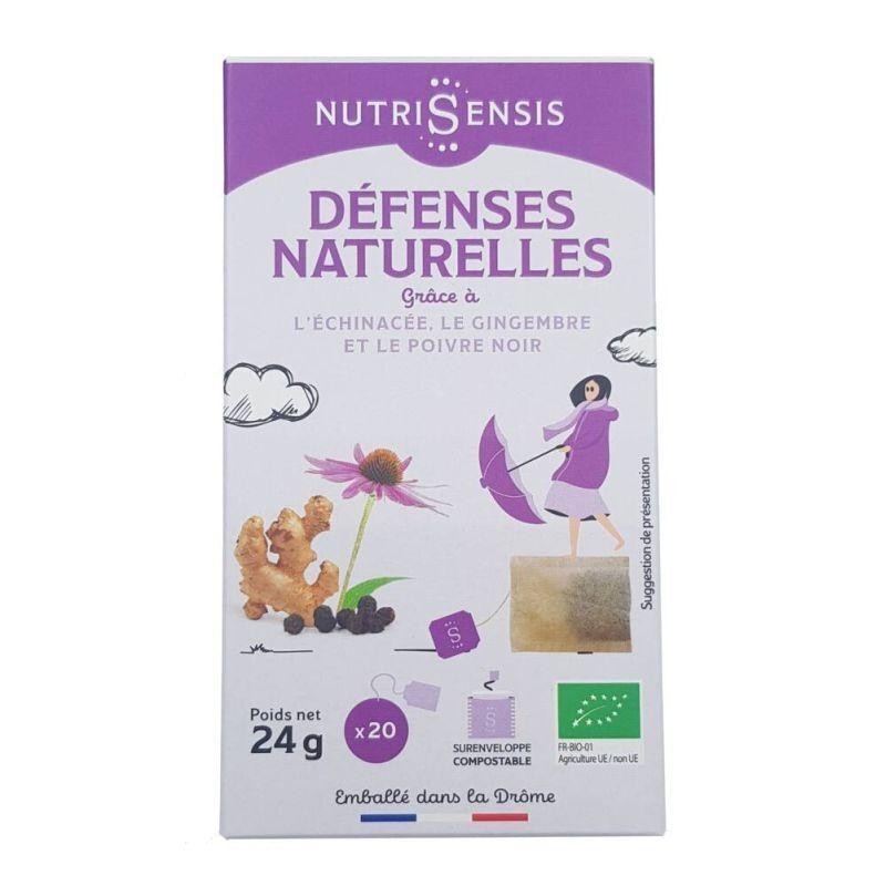 Infusion Défenses naturelles bio Nutrisensis pour renforcer l'immunité et soutenir les voies respiratoires.