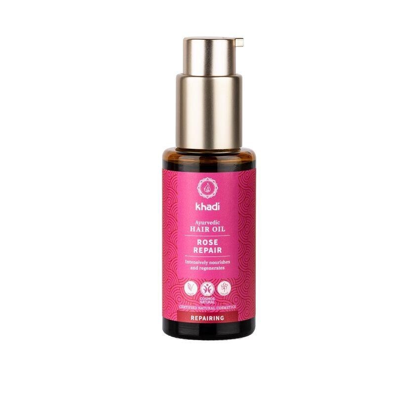 Huile capillaire ayurvédique Nourrissante Rose Repair de Khadi pour cheveux secs et abîmés.