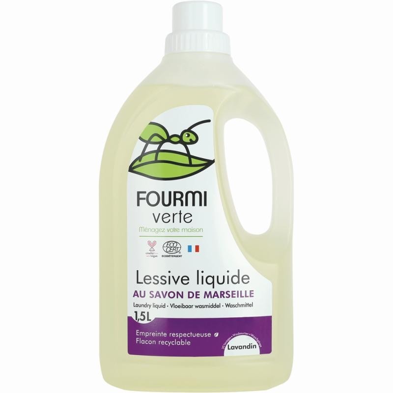 Lessive liquide écologique au savon de Marseille parfum lavandin pour textile blanc et coloré