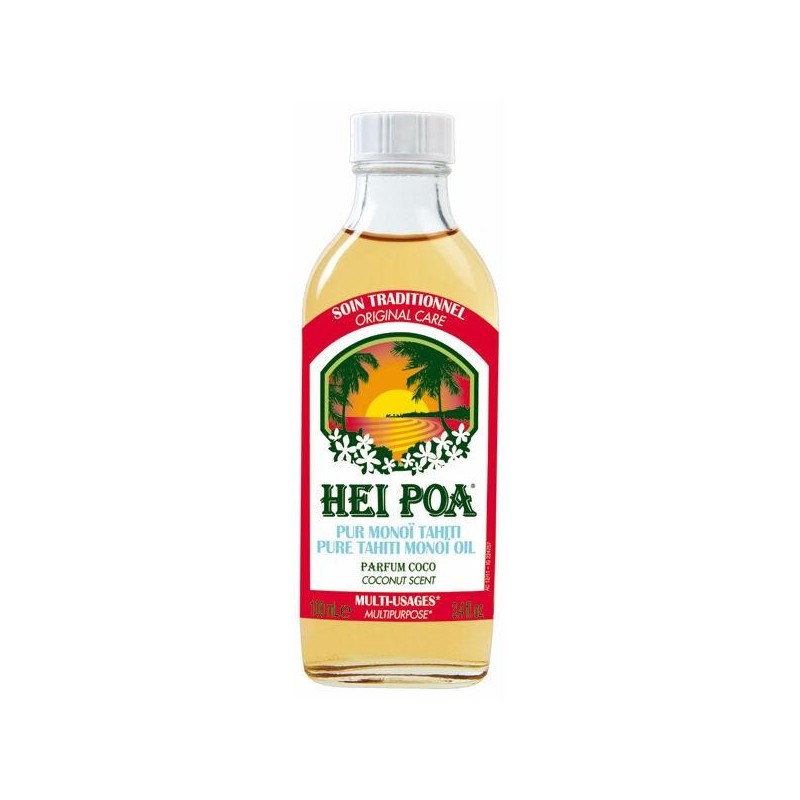 Monoï pur de Tahiti Coco Hei Poa : huile hydratante et nourrissante pour peau et cheveux
