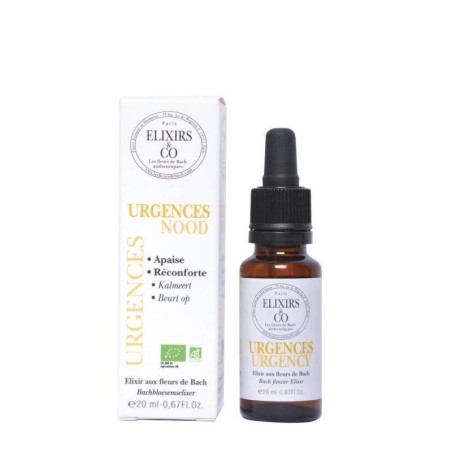 Flacon d'élixir floral bio Urgences de 50 ml pour soulager les chocs émotionnels et retrouver calme et sérénité naturellement.