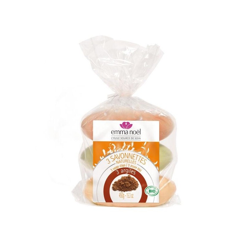3 savonnettes bio Emma Noël à l'argile colorée pour peau douce et équilibrée