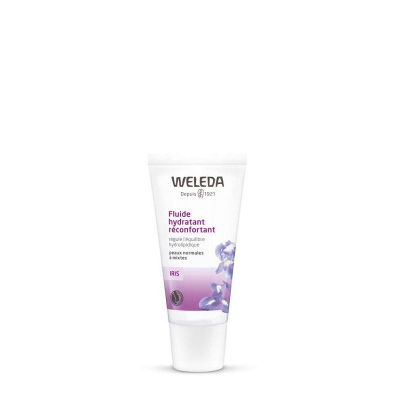 Fluide hydratant réconfortant Iris bio de Weleda pour une peau douce et hydratée.