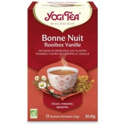 Infusion Bonne nuit rooibos vanille bio de Yogi Tea pour un sommeil réparateur et relaxant.
