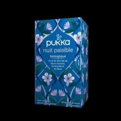Infusion Ayurvédique Bio Nuit Paisible de Pukka pour favoriser le sommeil et la détente avec des ingrédients apaisants.