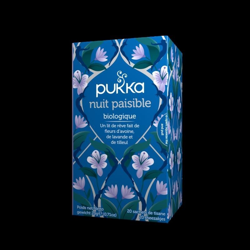 Infusion Ayurvédique Bio Nuit Paisible de Pukka pour favoriser le sommeil et la détente avec des ingrédients apaisants.