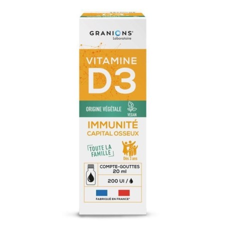 Flacon de Vitamine D3 végétale 200 UI de GRANIONS pour soutien osseux et immunitaire