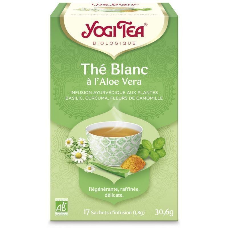 Thé blanc à l'Aloe Vera bio de Yogi Tea pour une peau hydratée et un bien-être naturel.