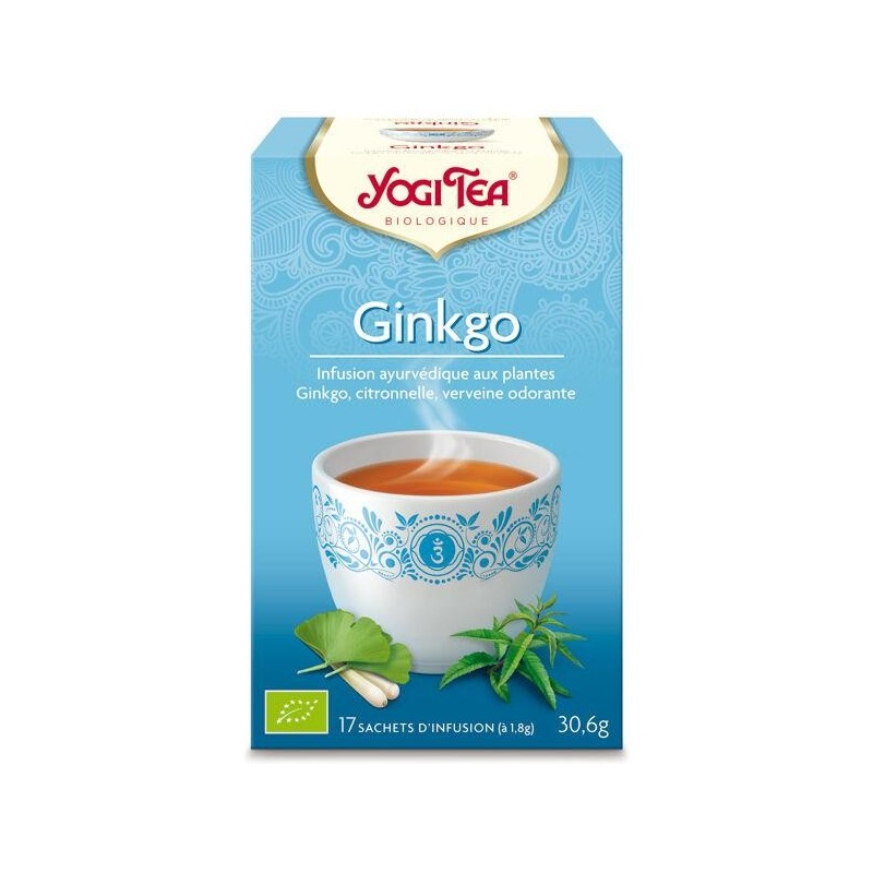 Infusion ayurvédique Ginkgo bio de Yogi Tea pour la vitalité et le bien-être mental.