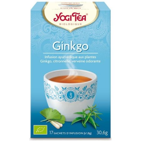 Infusion ayurvédique Ginkgo bio de Yogi Tea pour la vitalité et le bien-être mental.
