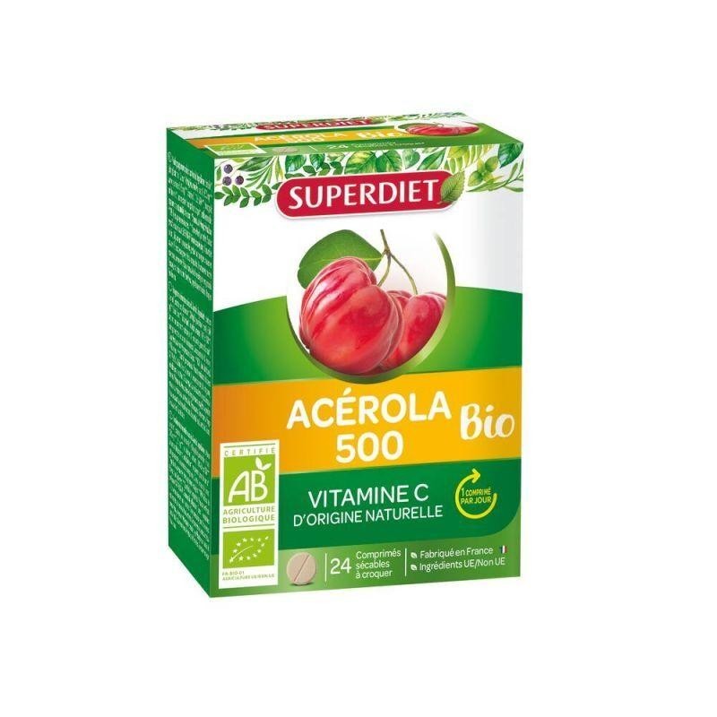 Acérola 500 bio à croquer - complément naturel riche en vitamine C pour renforcer votre énergie et votre immunité.