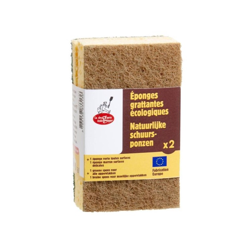 Eponges grattantes écologiques verte et marron en display