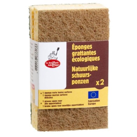 Eponges grattantes écologiques verte et marron en display